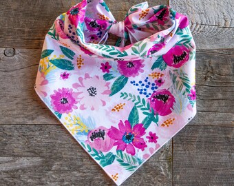 Pink Floral & Berry Dog Bandana, Boho, Pink Flower Bandana, Tie On Dog Bandana