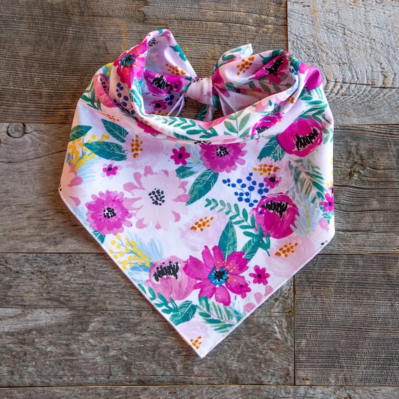 Pink Floral & Berry Dog Bandana, Boho, Pink Flower Bandana, Tie On Dog Bandana