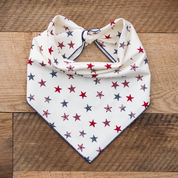 4th of July Dog Bandana, Red White Blue Stars on White, Tie On Dog Bandana