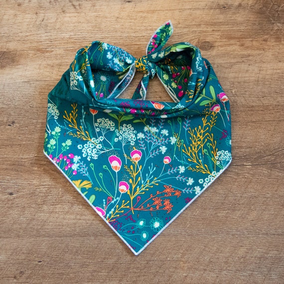 Meadow Flowers on Teal Dog Bandana, Tie On Dog Bandana