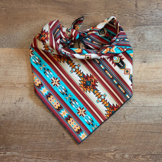 Southwest Stripe Dog Bandana, Red Turquoise Orange Beige, Tie On Dog Bandana