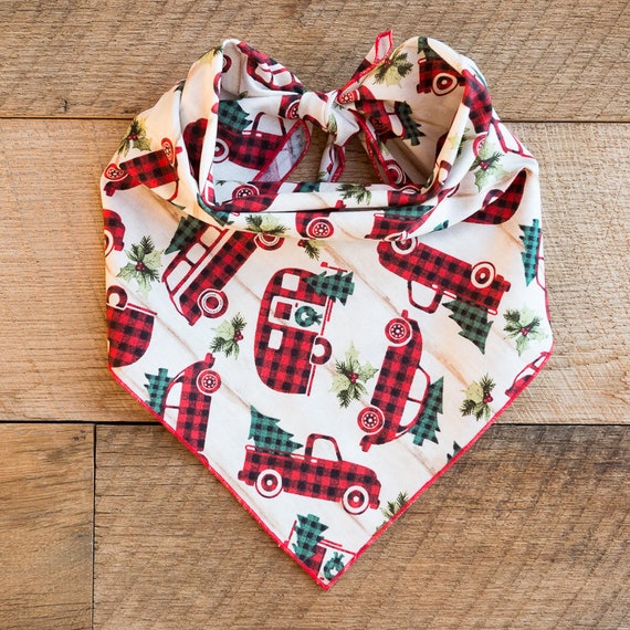 Christmas Dog Bandana,  Red Buffalo Plaid, Vintage Trucks, Tie On Dog Bandana