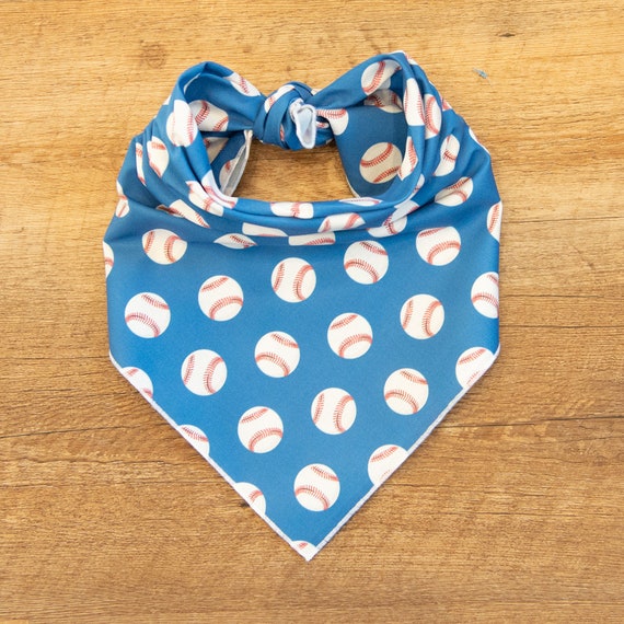 Baseballs on Blue Dog Bandana, Tie On Dog Bandana