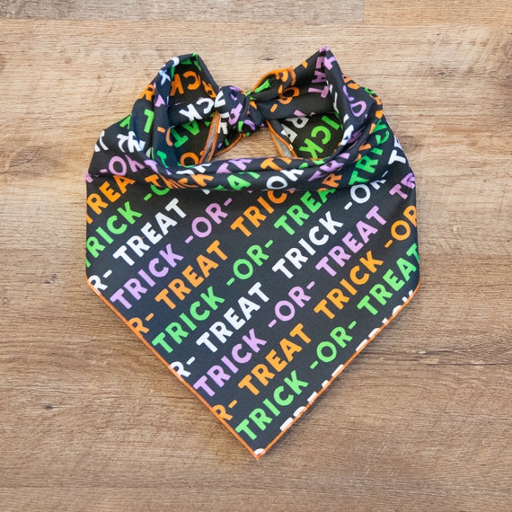 Trick or Treat Dog Bandana, Halloween, Purple Orange Green Trick or Treat Bandana, Tie On Dog Bandana