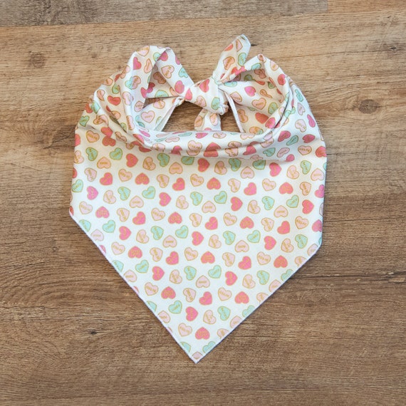 Pink & Mint Candy Hearts on White, Valentine's Day Dog Bandana, Conversation Hearts, White Sparkle, Tie On Dog Bandana