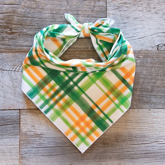 Green & Orange Irish Watercolor Plaid Dog Bandana, St. Patrick's Day, Tie On Dog Bandana