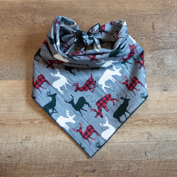 Red Buffalo Plaid Deer on Gray, Christmas Dog Bandana, Tie On Dog Bandana