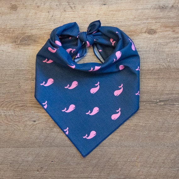 Pink Whales on Navy Dog Bandana, Tie on Dog Bandana