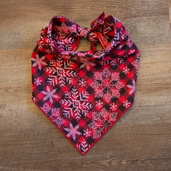 Snowflakes on Red Buffalo Check, Christmas Dog Bandana, Tie On Dog Bandana