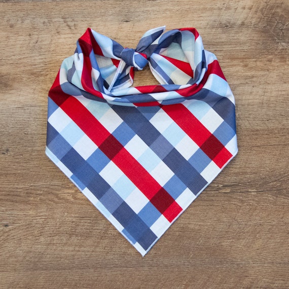 Red Blue Plaid 4th of July Dog Bandana, Tie On Dog Bandana