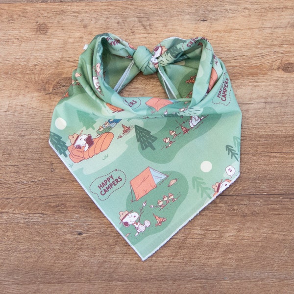 White Dog Green Camping Bandana, Adventure Dog, Happy Campers, Tie On Dog Bandana