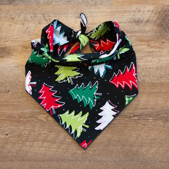 Christmas Trees On Black Dog Bandana, Tie On Dog Bandana