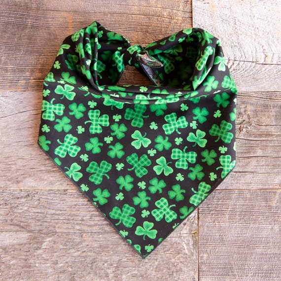 Gingham & Solid Clover on Black, Shamrocks, St Patricks Day, Tie On Dog Bandana