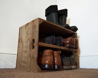 Rustic Wooden Shoe Storage Crate with Shelf