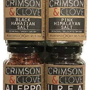 Salt and Peppers Gift Set by Crimson and Clove - Includes Aleppo Pepper, Urfa Biber Pepper, Black Hawaiian Salt and Pink Himalayan Salt