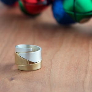 Stackable Asymmetric Ring Set, Geometric Statement Ring Set, Brass and Silver Rings