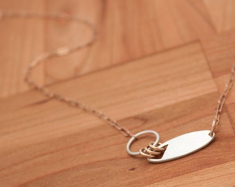 Oval Asymmetric Necklace, Silver and Bronze Necklace, Small Statement Necklace