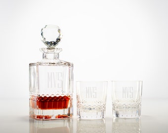 Personalized Whiskey Decanter Set with Glasses - Monogrammed 30oz Crystal Decanter and 11oz Rocks Glasses, Great Wedding or Christmas Gift