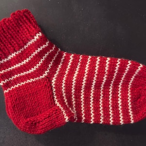Hand Knit Wool Socks, Red with White stripes, Unisex Winter Slippers, Christmas theme