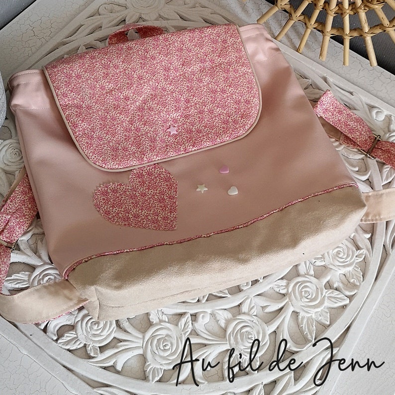 faux leather suede rivets Court and star applique heart Backpack bag adjustable child girl pink and beige pattern small flower