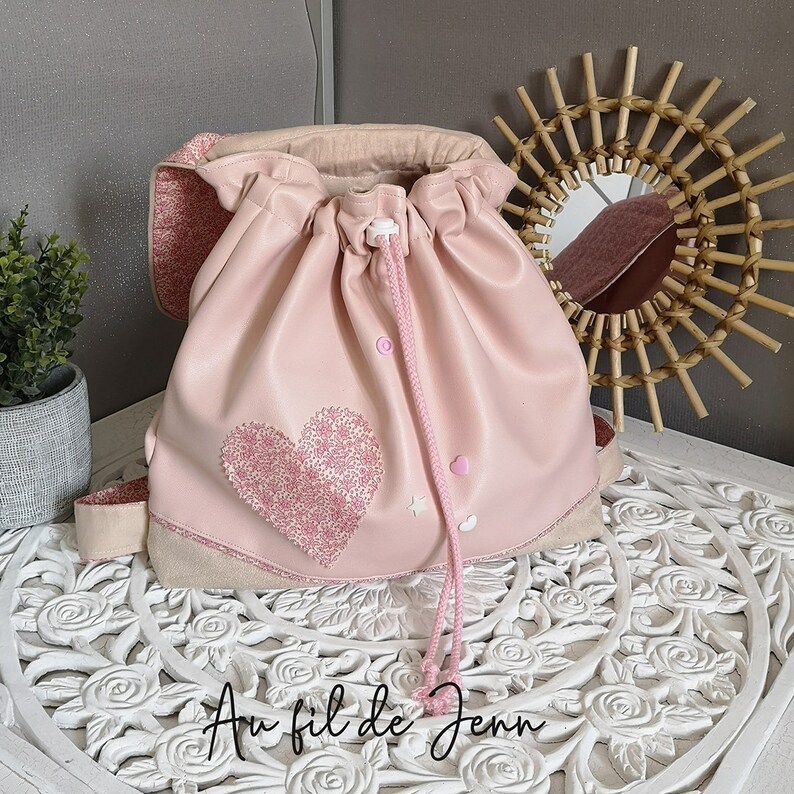 faux leather suede rivets Court and star applique heart Backpack bag adjustable child girl pink and beige pattern small flower