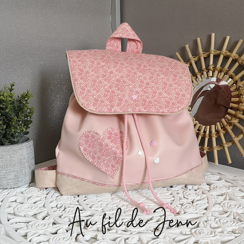 faux leather suede rivets Court and star applique heart Backpack bag adjustable child girl pink and beige pattern small flower