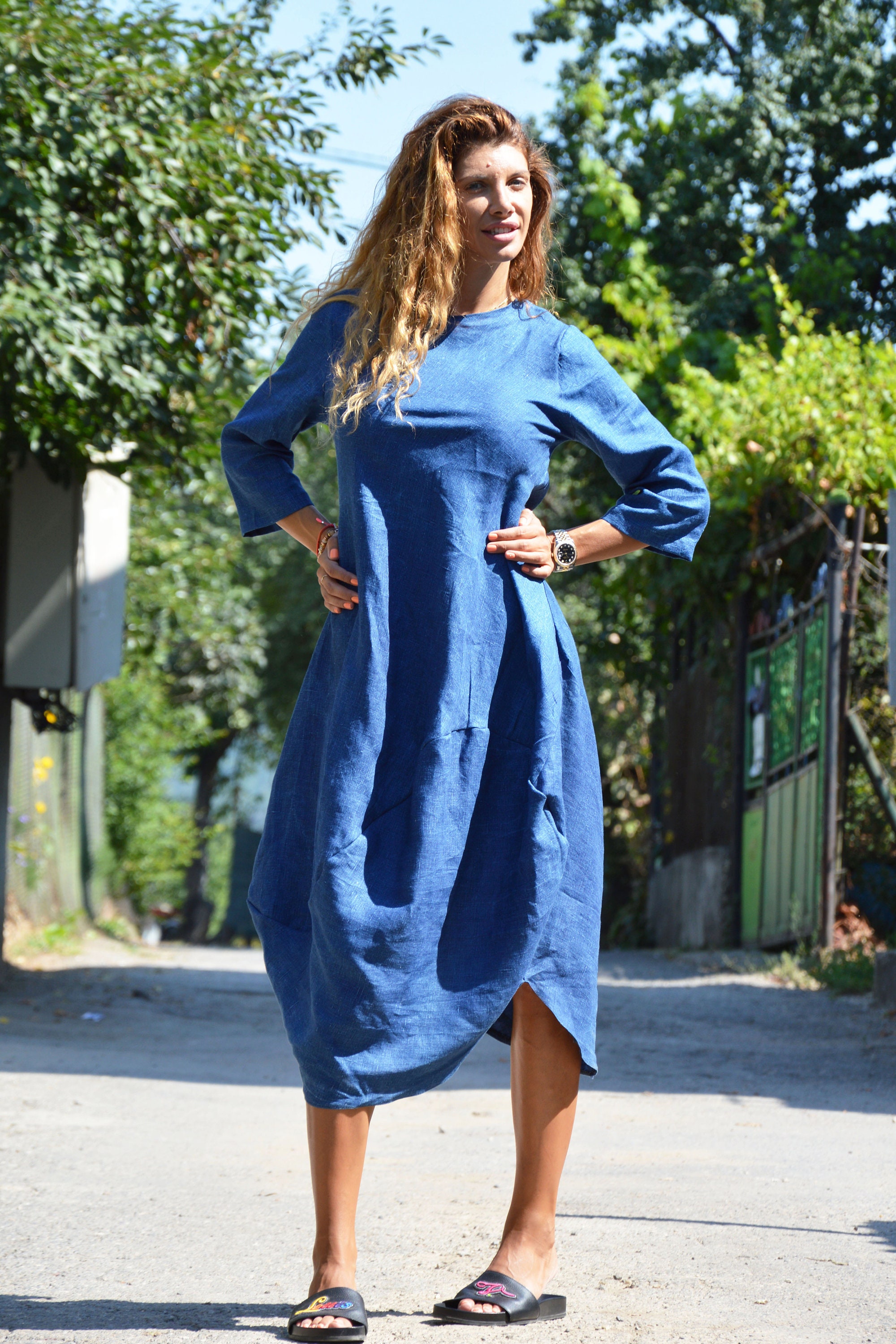 Kaftan Dress Blue Linen Dress Custom Made Dress Elegant | Etsy