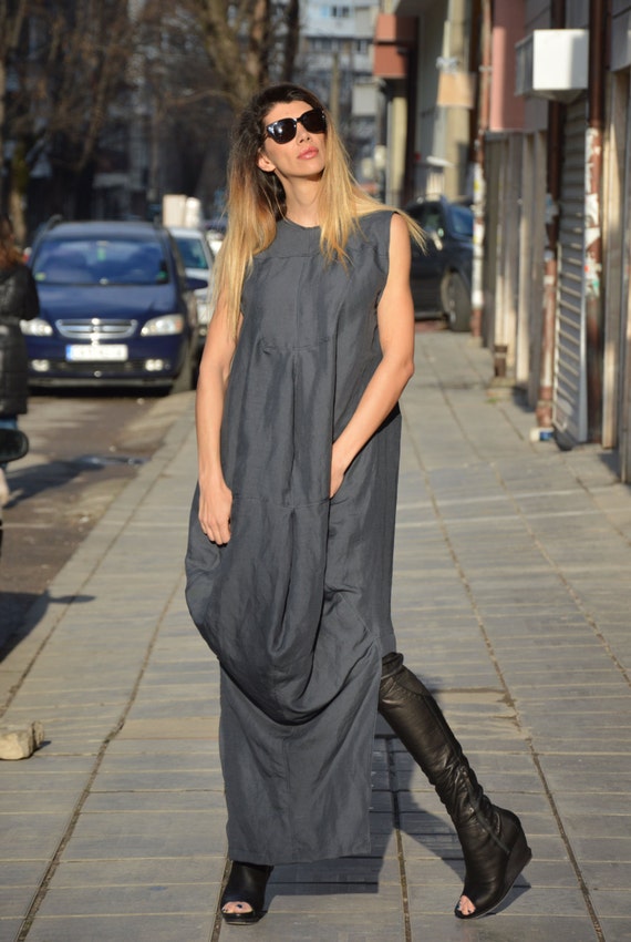 Extravagant Linen Dress Oversize Dark Gray Dress Plus Size