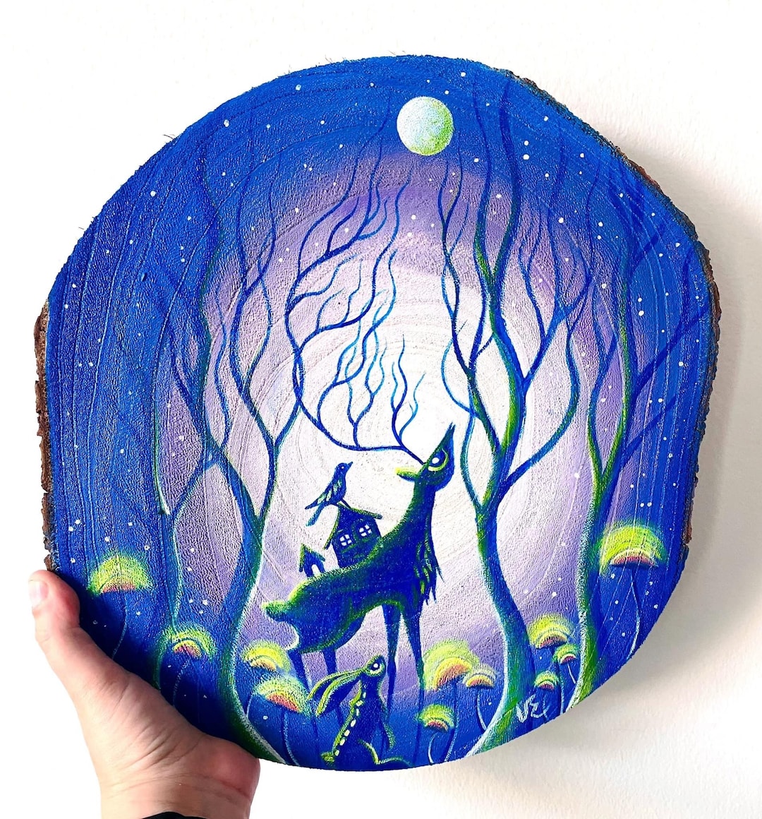 LARGE Handpainted Wood Slice Home Decor, Fantasy Art, Magic Forest