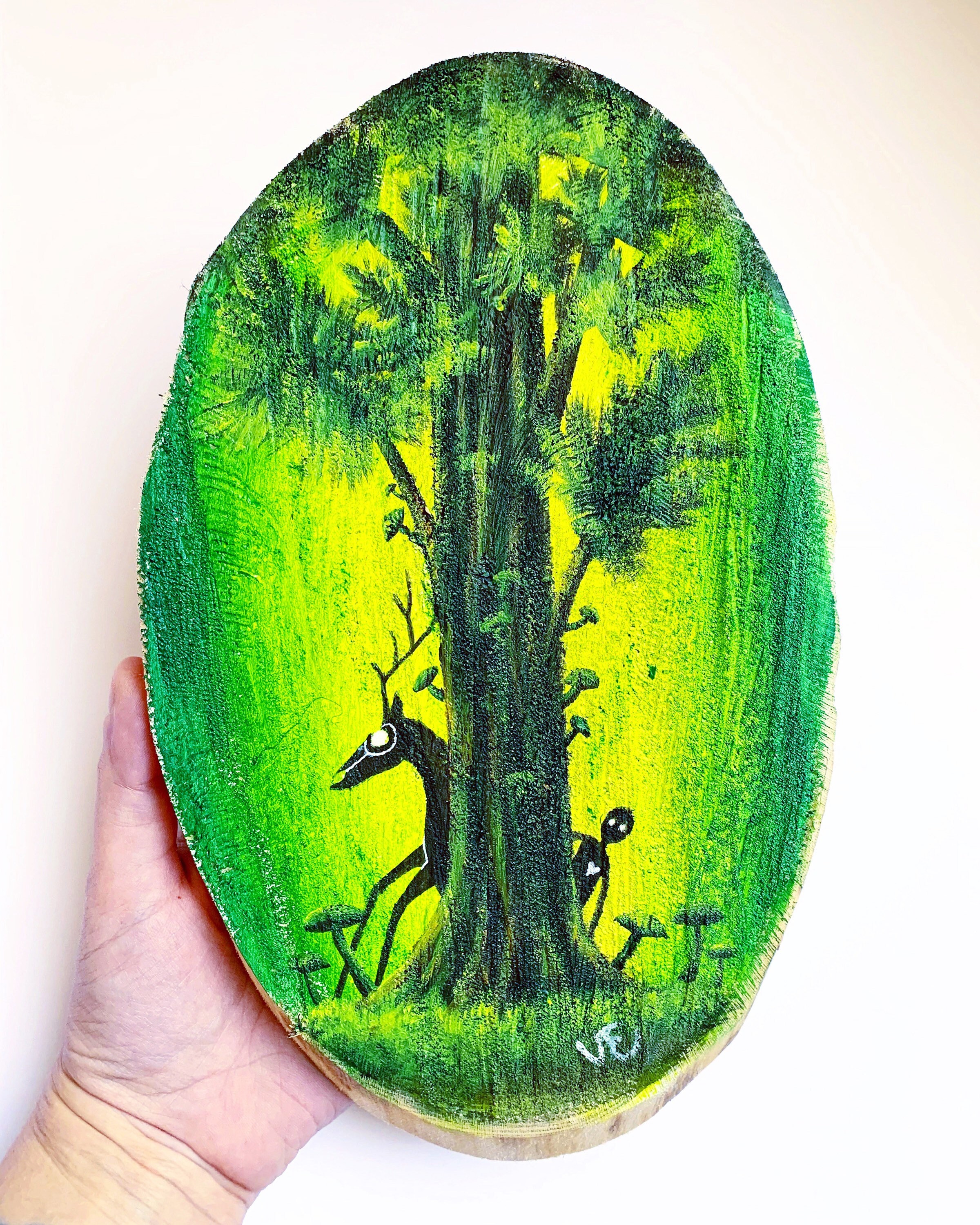 Large oval wood slice painting green forest ancient tree Etsy