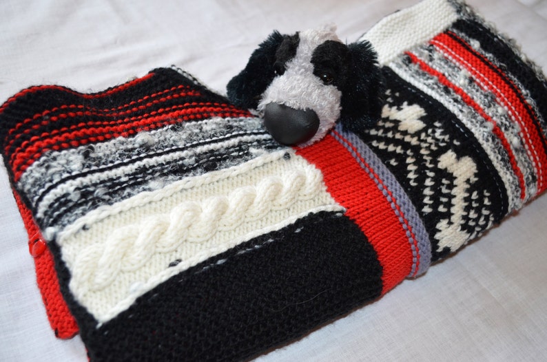 Hand knitted patchwork sweater for girl Sweater with dogs White, black and red sweater Winter jumper Wool sweater Christmas gift for girl image 5