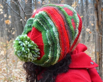 Knitted slouchy hat for woman Green red hat with pompon Knit hat with flowers Warm accessories Winter hat Wool knit beanie Gift for her