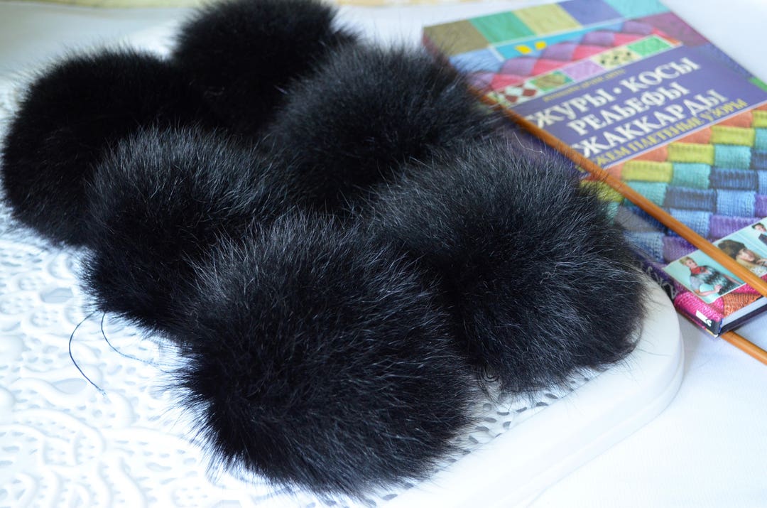 Black Fur Pom Pom, Arctic Fox Pom Pom Real Fur Pom-pom for Knitted Hat ...