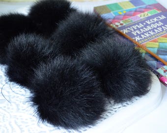 Black fur pom pom, Arctic fox pom pom Real fur pom-pom for knitted hat or for bag Large size pompom 13 14 15 cm Fur accessories