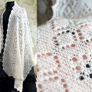 White lace shawl, Natural white merino wool wrap, Big shawl with ornament, Hand knitted wrap, Winter accessories, Handmade wedding shawl image 1