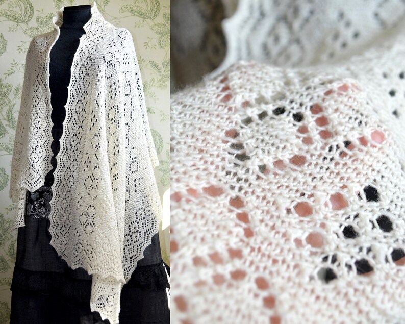 White lace shawl, Natural white merino wool wrap, Big shawl with ornament, Hand knitted wrap, Winter accessories, Handmade wedding shawl image 1