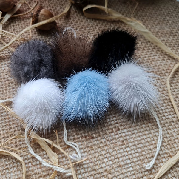 Set of small fur pom pom 6 pcs mink pom pom 5 cm 2" Mini furry ball different colors Mix of colors Gray Black Beige Brown