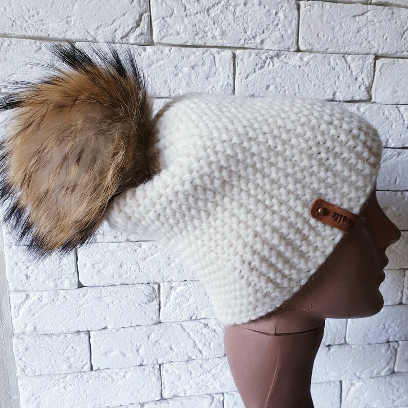 Slouchy white hat with raccoon fur pom pom Knitted alpaca wool beanie Chunky knit hat Teenager hat Warm winter modern hat Different colors