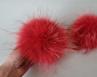 Red raccoon pompom Exclusive genuine fur pom pom Real raccoon unique fur pom-pom with tips  17-18cm 7 inch