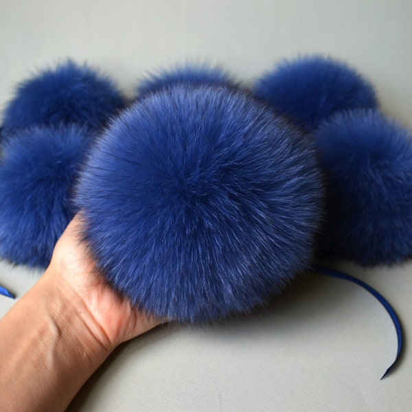 Jeans blue fur pom pom Genuine fox pom pom Large real fur gray blue pom pom for knit hat  5 6 7 inches