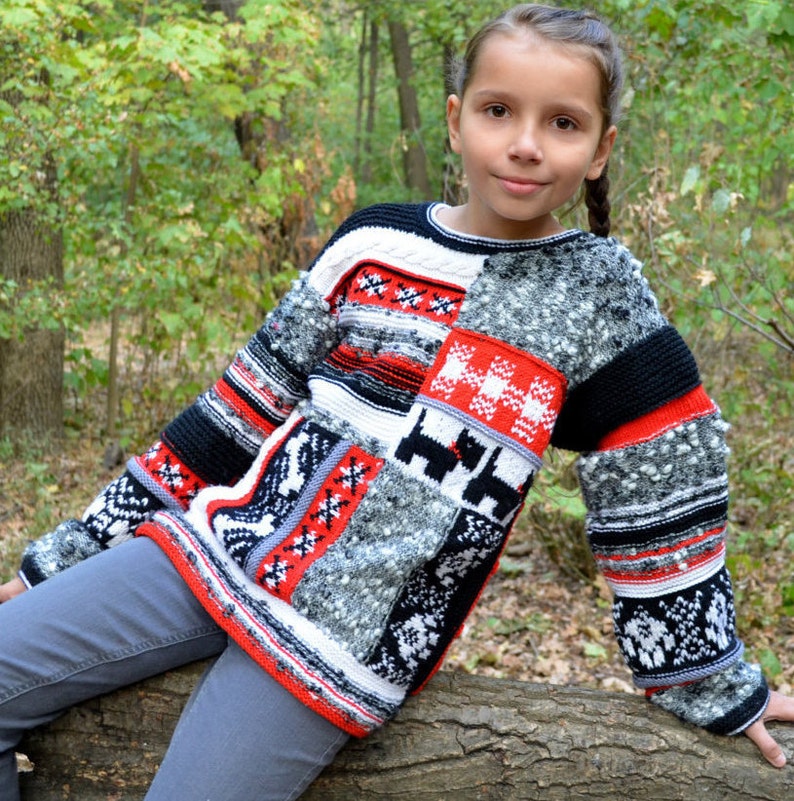 Hand knitted patchwork sweater for girl Sweater with dogs White, black and red sweater Winter jumper Wool sweater Christmas gift for girl image 1