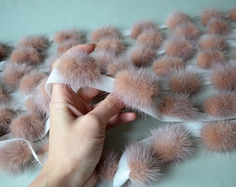 Fur trim with mink pom poms Natural beige cappuccino small pom pom trim by the yard Fluffy genuine fur trim Sewing coat jacket