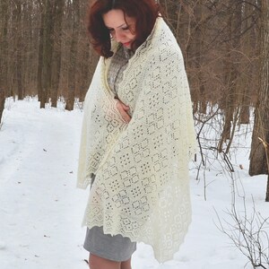 White lace shawl, Natural white merino wool wrap, Big shawl with ornament, Hand knitted wrap, Winter accessories, Handmade wedding shawl image 3