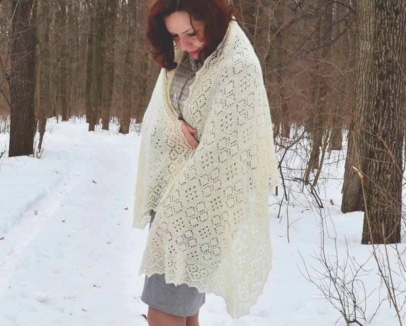 White lace shawl, Natural white merino wool wrap, Big shawl with ornament, Hand knitted wrap, Winter accessories, Handmade wedding shawl image 3