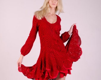 Crocheted red dress for lady, Short lace dress, Red wool winter dress, Lace dress for women, Boho dress, Hippie dress, Bohemian clothes