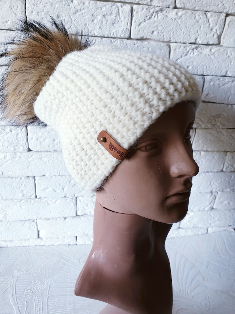 Slouchy white hat with raccoon fur pom pom Knitted alpaca wool beanie Chunky knit hat Teenager hat Warm winter modern hat Different colors