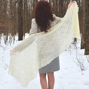White lace shawl, Natural white merino wool wrap, Big shawl with ornament, Hand knitted wrap, Winter accessories, Handmade wedding shawl image 4