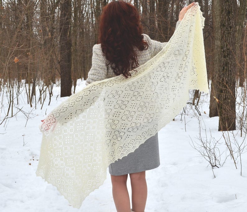 White lace shawl, Natural white merino wool wrap, Big shawl with ornament, Hand knitted wrap, Winter accessories, Handmade wedding shawl image 4
