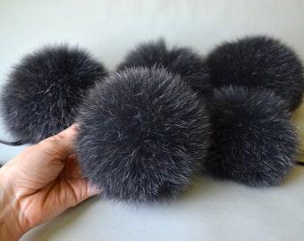 Dark gray fur pom pom Soft arctic fox pompom Real anthracite fur pom-pom for knit hat Furry ball 12.5 15 cm (5 6 inches) pompom