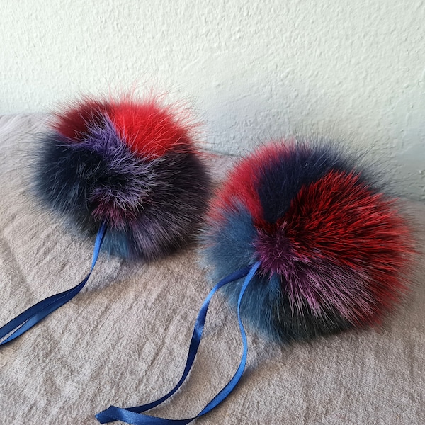 Red blue wine violet fur pom pom Arctic fox raccoon Multicolor Large size soft fur pompom Furry ball 16 cm 6.4 inches